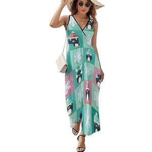 Pinguïns en sneeuwvlokken casual maxi-jurk voor vrouwen V-hals zomerjurk mouwloze strandjurk XL