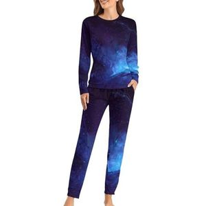 Blauwe sterrenhemel zachte damespyjama met lange mouwen, warme pasvorm, loungewear sets met zakken, 6XL