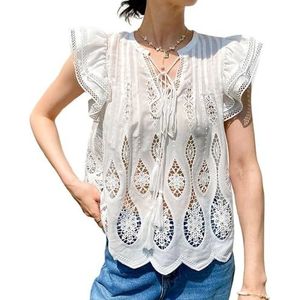 CakfLjkhl Dames Zomer Schattige Tanktop Mouwloos Ruche Bloem Kant Holle Out Stropdas Nek Casual Shirts Blouse,Wit,L