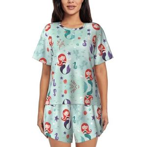 YQxwJL Mooie Zeemeermin Print Vrouwen Pyjama Sets Shorts Korte Mouw Lounge Sets Nachtkleding Casual Pjs Met Zakken, Zwart, S