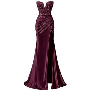 KIYNE Zeemeermin satijnen baljurk voor dames, met kant, appliqué, zijsplit, korset, baljurk voor dames, lange formele jurk, Bordeaux, 32