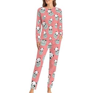 Schattige liefde panda's zachte dames pyjama lange mouw warm fit pyjama loungewear sets met zakken S