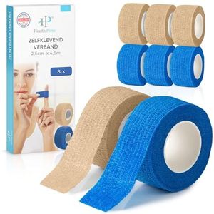 Health Press® Vingerpleisters, zelfklevend, 8 x pleisterrol (2,5 cm x 4,5 m), verband zelfklevend, elastische tape, waterdicht, stof-, vet- en vuilafstotende pleistertape (4 blauw + 4 beige)
