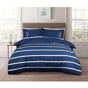 Sleepdown Sailor Gestreepte Nautisch Blauw 100% Katoen Plain Reverse Dekbedovertrek Quilt Kussensloop Beddengoed Set Zacht Gemakkelijk te onderhouden - Dubbel (200 cm x 200 cm)