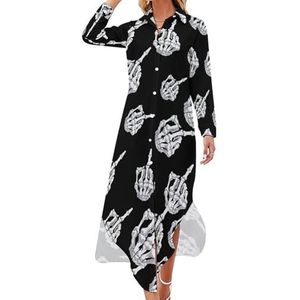 Schedel middelvinger dames maxi-jurk lange mouwen knopen overhemd jurk casual feest lange jurken 5XL