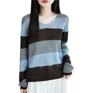 Gestreepte Wollen Trui for Dames Modieuze Trui Met Lange Mouwen En V-hals Lichtgewicht Los Gebreide Pullover Warme Herfst-winteroutfits Casual Warme Tops(Blue,L)