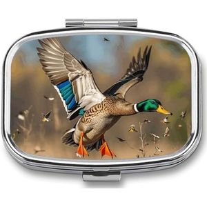Wilde eenden en boom pillenetui met 2 compartimenten, pillenorganizer, draagbare vierkante pillendoos, vitaminepillenorganizer voor zakportemonnee en reizen