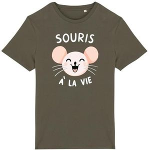 T-shirt met muis tot het leven, voor heren, bedrukt in Frankrijk, 100% biologisch katoen, cadeau voor verjaardagsdieren, origineel grappig, Kaki, XS