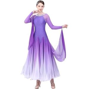 FZHQNZJF Lange Mouw Balzaal Dansjurken voor Dames Tango Wals Dans Kleding met Strasssteentjes Elegant Nationale Standaard Rokken Professioneel Wedstrijdkleding,Purper,L