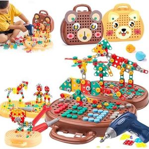 Magische Montessori Game Gereedschapskist, Creatieve Gereedschapskist met Elektrische Boormachine, 204-delige Creatieve Mozaïek-Puzzel-Speelgoedset voor Kinderen van 3 - 12 jaar (Kleur: Hond,