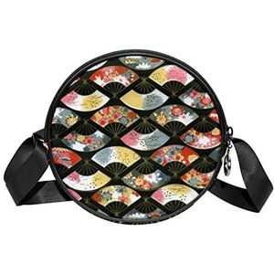 Messenger Bag Traditionele Japanse Handheld Opvouwbare Fan Crossbody Tas Voor Vrouwen Rond, Meerkleurig, 6.7x6.7x2.3 in, Sling Rugzakken
