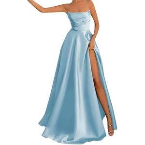 BRIGOW Satijnen bruidsmeisjesjurk voor bruiloft met split mouwloze galajurken plooien cocktailjurk grote maten, Lichtblauw, 32