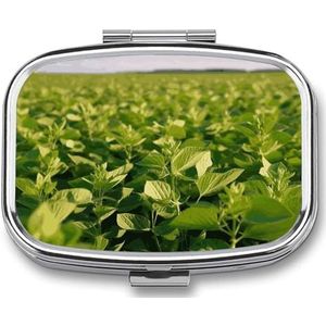 Sojabonenveld Bedrukte Draagbare Pillencontainer Reizen Pillen Gevallen met Spiegel 2 Compartiment Geneeskunde Doos Decoratieve Metalen Geneeskunde voor Pocket Portemonnee Reizen Dagelijks