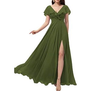 WSEYU V-hals Lange Bruidsmeisjes Jurken met Split Chiffon A Lijn Ruche Prom Jurken met Zakken C087, Olijfgroen, 50 grote maten