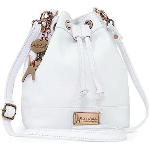 Catwalk Collection Handbags - Dames Leren Crossbodytas - Emmertas met Trekkoord - Kleine/Middelgrote - Verstelbare Schouderriem - Rochelle - Wit