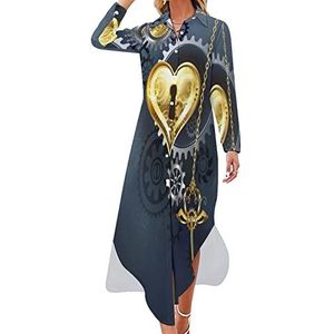 Mechanisch hart met sleutel dames maxi-jurk lange mouwen knopen shirt jurk casual feest lange jurken 2XL