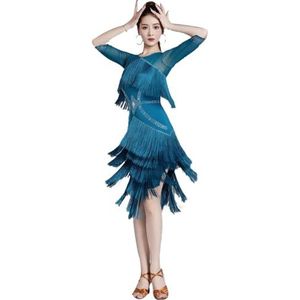 FZHQNZJF Kwast Latijns Danskleding voor Vrouwen Prestatie Balzaal Dansjurken Glanzend Tango Cha Cha Danskostuums Ademend Danskleding voor Rumba Samba,Blauw,L