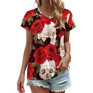 Skulls And Red Roses Dames V-hals T-shirts Leuke Grafische Korte Mouw Casual Tee Tops 5XL