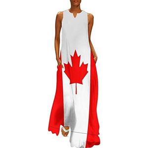 Damesjurk met vlag van Canada, slanke pasvorm, mouwloos, maxi-jurk, casual zonnejurk, maat 2XL