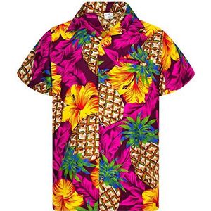 Funky Hawaiiaans Overhemd, Hawaii-Overhemd, Korte Mouw, Pineapple Hibiscus, Magenta Roze, M