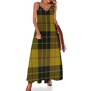 Geelzwart tartan dames zomer maxi-jurk V-hals mouwloze spaghettiband lange jurk