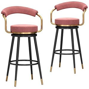 FZDZ Draaibare barkrukken set van 2 met achterkant metalen hoge kruk hoge stoel voor binnen buiten pub keuken, hoogte 75 cm, fluwelen zitting, metalen frame (kleur: roze, maat: zwarte poten)