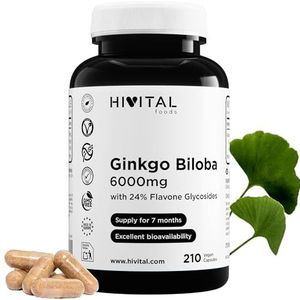 Ginkgo Biloba 6000 mg. 210 veganistische capsules voor 7 maanden behandeling. Het beste Natuurlijke Extract, geconcentreerd 50:1 met 24% Flavonoïden en 6% Terpenen. Gefabriceerd in Europa door HIVITAL