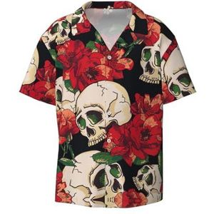 OdDdot Skull Rose-Red Print Heren Button Down Shirt Korte Mouw Casual Shirt voor Mannen Zomer Business Casual Jurk Shirt, Zwart, XXL