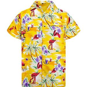 Funky Hawaiiaans Overhemd, Hawaii-Overhemd, Korte Mouw, Flamingos OLD, Geel, L