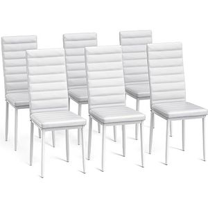 Bealife Eetkamerstoelen Set van 6 – Stoelen met Hoge Rugleuning van Imitatieleer, Comfortabel en Modern voor Eetkamer, Keuken, Woonkamer（White Pu Leather）