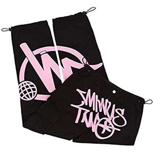 Renywosi Baggy jeans voor heren, Y2K jeans Minus-Two-Cargo voor heren, hoge taille, straight street hiphop broek, casual cargobroek met grote zakken (maat: S/ /L/XL) zwart roze letters