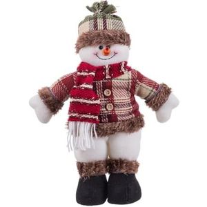 LOLAhome Sneeuwpop van witte en rode stof met muts en sjaal 33 cm