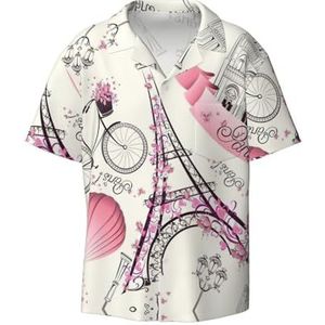 TyEdee The Paris Tower and A Bicycle Print Overhemden met korte mouwen voor heren, met zak, casual overhemd met knopen, Zwart, 4XL