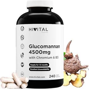 Glucomannaan 4500 mg. 240 veganistische capsules voor 1,5 maand behandeling. Glucomannaan uit plantaardige vezels van de Konjacwortel met chroom en Vitamine B3. Gefabriceerd in Europa door HIVITAL
