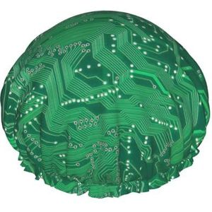 Douchemuts, dubbele waterdichte badmuts, elastische herbruikbare douchemuts, badmuts, close-up van een bedrukte groene computerplaat