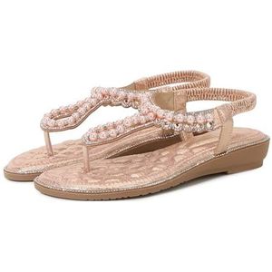 Xytraiihw Damesmode Clip Teen Sandalen, met Parels en Elastische Band Zomerschoenen Casual Comfortabele Slingback Sandalen Ronde Kop Vismond Zomerschoenen Glitter Pantoffels,Roze,36 EU