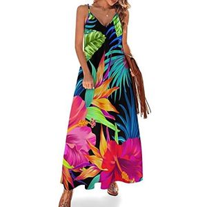 Bedrukte tropische bloemen dames zomer maxi-jurk V-hals mouwloze spaghettiband lange jurk