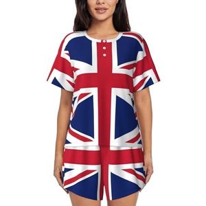 Britse vlag print dames zomer zachte tweedelige bijpassende outfits korte mouw pyjama lounge pyjama sets, Zwart, XL