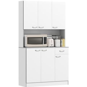 HOMCOM Keukenkast, hoge kast met laden, verstelbare planken, keukenbuffet met magnetronrek voor woonkamer, eetkamer, 101 x 39 x 180 cm, wit
