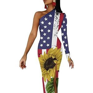 Vintage zonnebloem met Amerikaanse vlag voor dames, halflange mouwen, avondfeest, lange jurk, cocktailjurk, split, bodycon jurk, XS