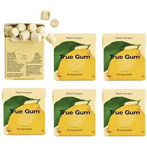 True Gum Citroensmaak Kauwgom (6-pack) - Plastic Free Xylitol Gum - Biologisch afbreekbare Vegan Xylitol Kauwgom - Plastic & Suikervrije Natuurlijke Kauwgom met Plantaardige Ingrediënten