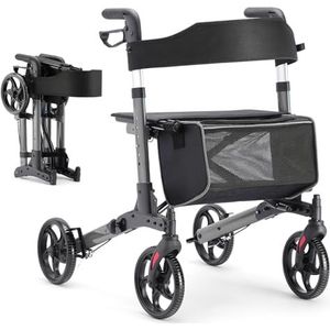 HEAO Rollator opvouwbaar en licht met zitting, aluminium rollatoren voor senioren, 6-voudig in hoogte verstelbaar, wandelwagen met afneembare boodschappentas en antislip wielen, grijs
