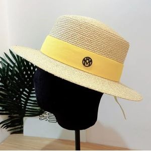 Elegante brede rand schippershoed zomer raffia hoed dames stro zonnehoed platte stro fedoras derby met verwisselbare gekleurde banden(Size:Natural-Yellow)