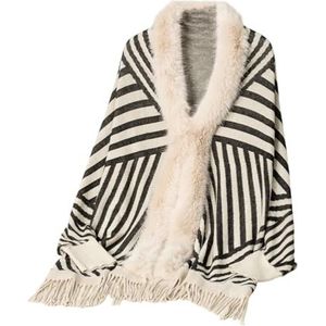 GKEIOSHQIL Dames nepbont omslagen en sjaals gestreepte franjes zoom gebreide poncho's elegante cape mantel jas,Apricot,L