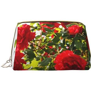 Evealyn Rode Rozen Bush Kosmetische Zak Lederen Draagbare Make-up Tas Reizen Make-up Organizer Met Rits Voor Vrouwen, Wit, One Size