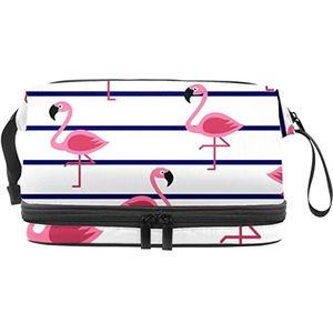 Make-up tas - grote capaciteit reizen cosmetische tas, flamingo's op mariene strepen, Meerkleurig, 27x15x14 cm/10.6x5.9x5.5 in