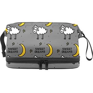 Grote capaciteit reizen cosmetische tas,Zoete dromen witte schapen gele maan ster grijs, make-up tas, waterdichte make-up tas organisator, Meerkleurig, 27x15x14 cm/10.6x5.9x5.5 in