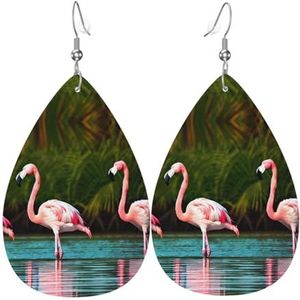 Twee flamingo's druppelvormige lederen oorbellen,Damesmodeaccessoires,Valentijnsdag Essential, Eén maat, Leer Pu