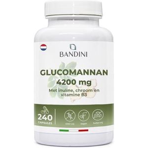 Bandini® Glucomannaan uit de konjacwortel - 4200 mg per dagelijkse dosis - 240 capsules - Geoptimaliseerd met bacterieculturen, chroom, vitamine B3 en inuline - Hooggedoseerd supplement - Veganistisch