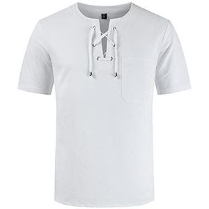 Herenmode Plus Maat T-shirt Katoen Linnen T-shirt, Middeleeuwse Viking Piraat Korte Mouwen Lace Up Shirt, Zomer Strand V-hals Yoga Top Vakantie Casual Blouse